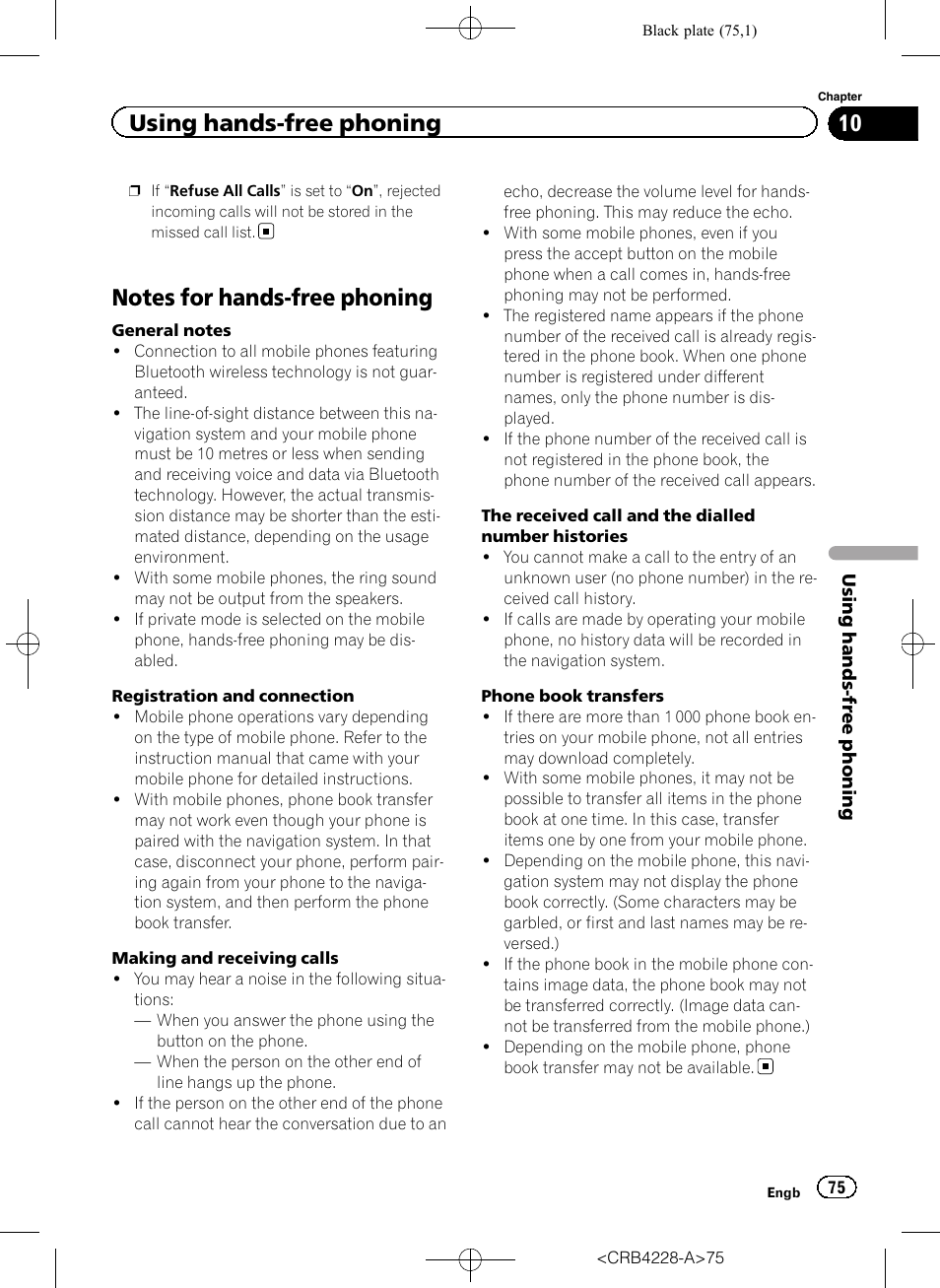 Notes for hands-free phoning, Notes for hands-free, Using hands-free phoning | Pioneer AVIC-F850BT User Manual | Page 75 / 208