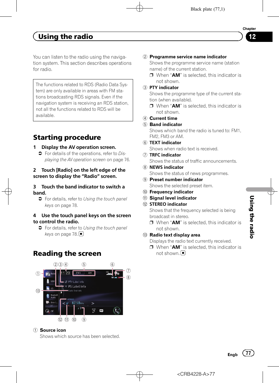 Using the radio starting procedure, Reading the screen, Starting procedure | Using the radio | Pioneer AVIC-F850BT User Manual | Page 77 / 208