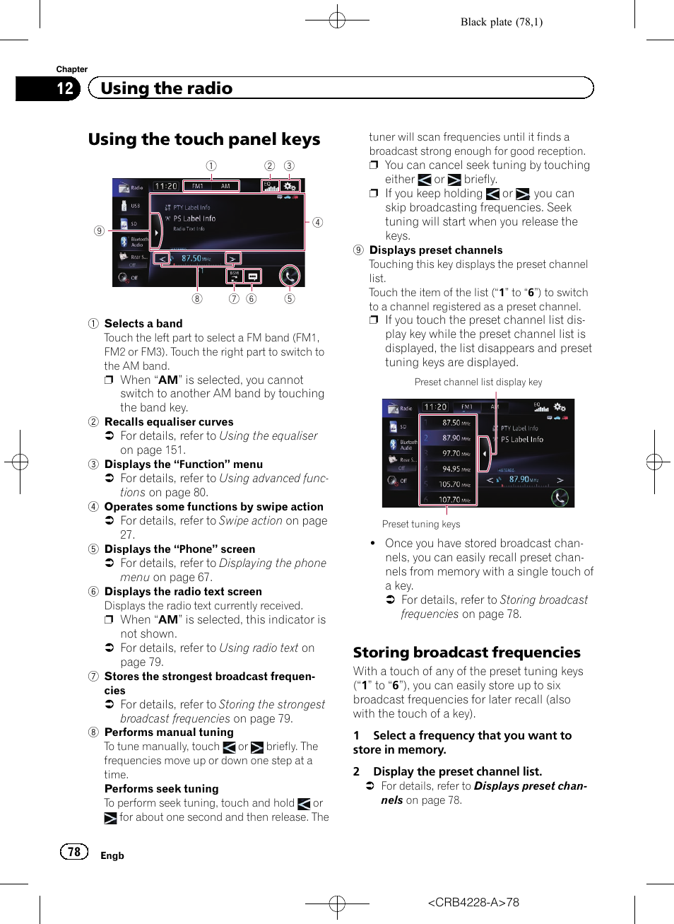 Using the touch panel keys, Storing broadcast frequencies 78, Using the touch panel | 12 using the radio, Storing broadcast frequencies | Pioneer AVIC-F850BT User Manual | Page 78 / 208