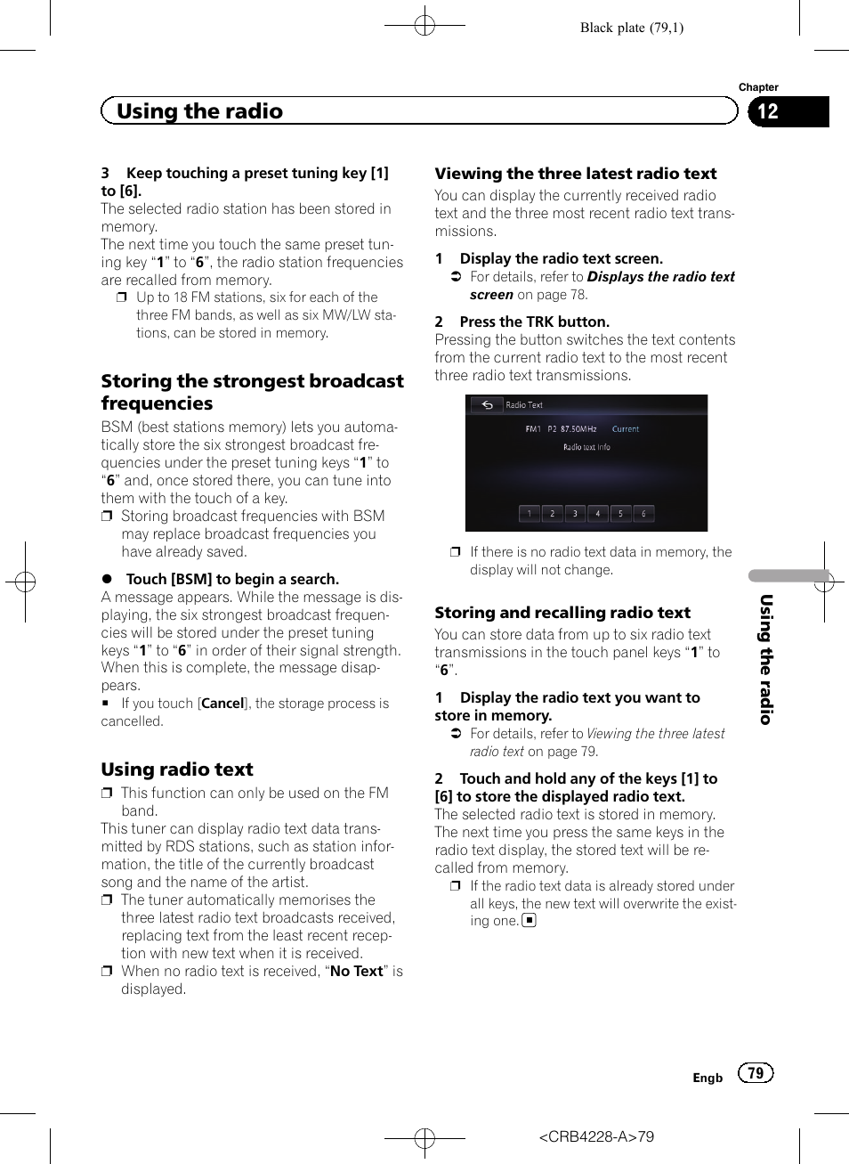Storing the strongest broadcast, Frequencies, Using radio text 79 | Using radio text on, Storing the strongest, Using the radio, Storing the strongest broadcast frequencies, Using radio text | Pioneer AVIC-F850BT User Manual | Page 79 / 208