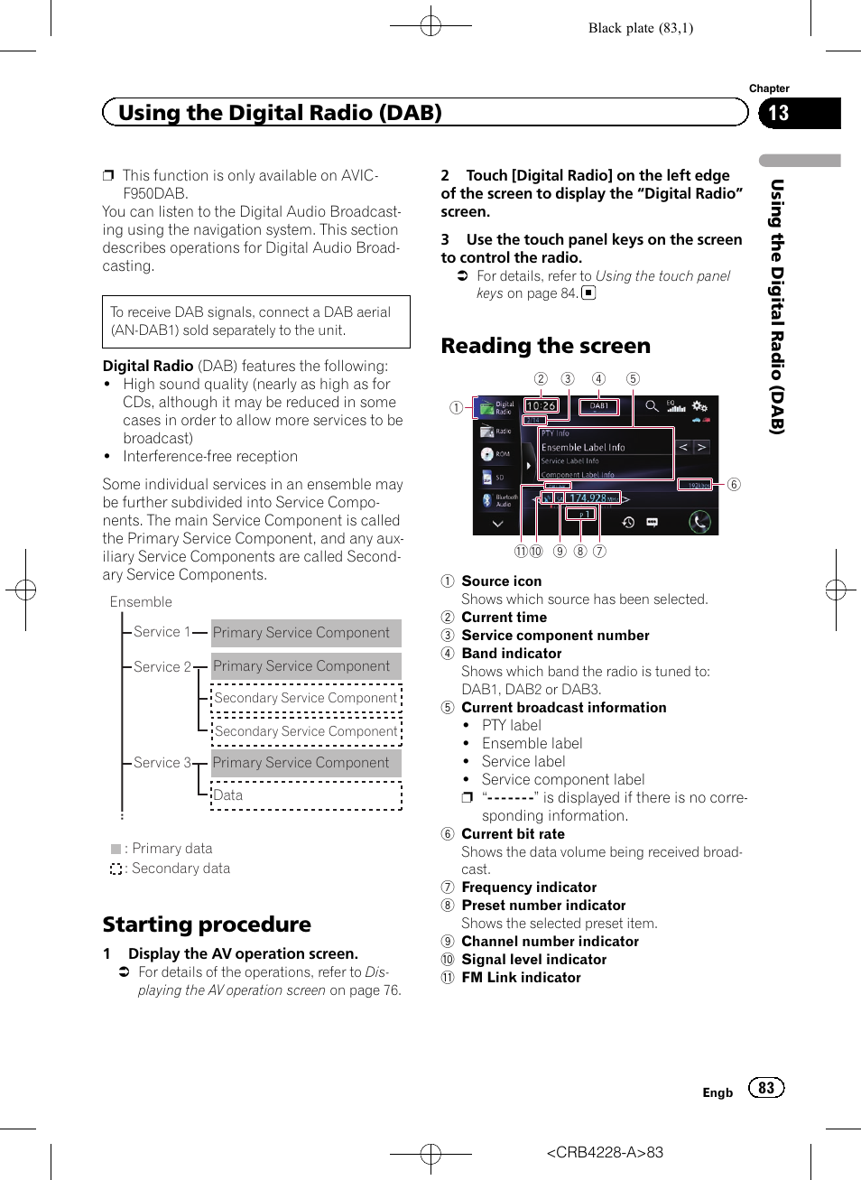 Using the digital radio (dab) starting procedure, Reading the screen, Starting procedure | Using the digital radio (dab) | Pioneer AVIC-F850BT User Manual | Page 83 / 208