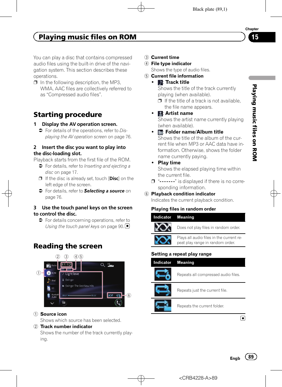 Playing music files on rom starting procedure, Reading the screen, Starting procedure | Playing music files on rom | Pioneer AVIC-F850BT User Manual | Page 89 / 208