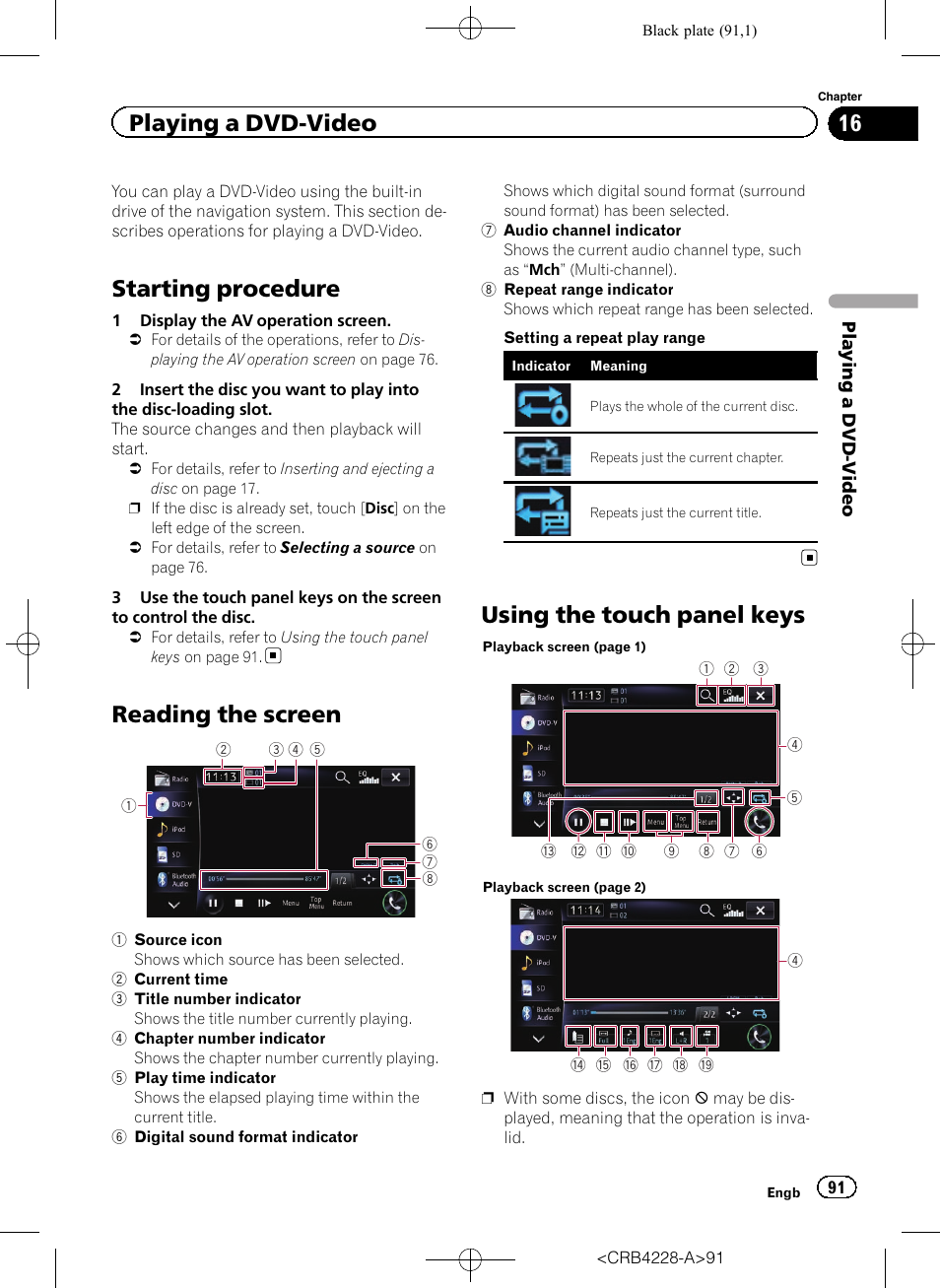 Playing a dvd-video starting procedure, Reading the screen, Using the touch panel keys | Starting procedure, Playing a dvd-video | Pioneer AVIC-F850BT User Manual | Page 91 / 208