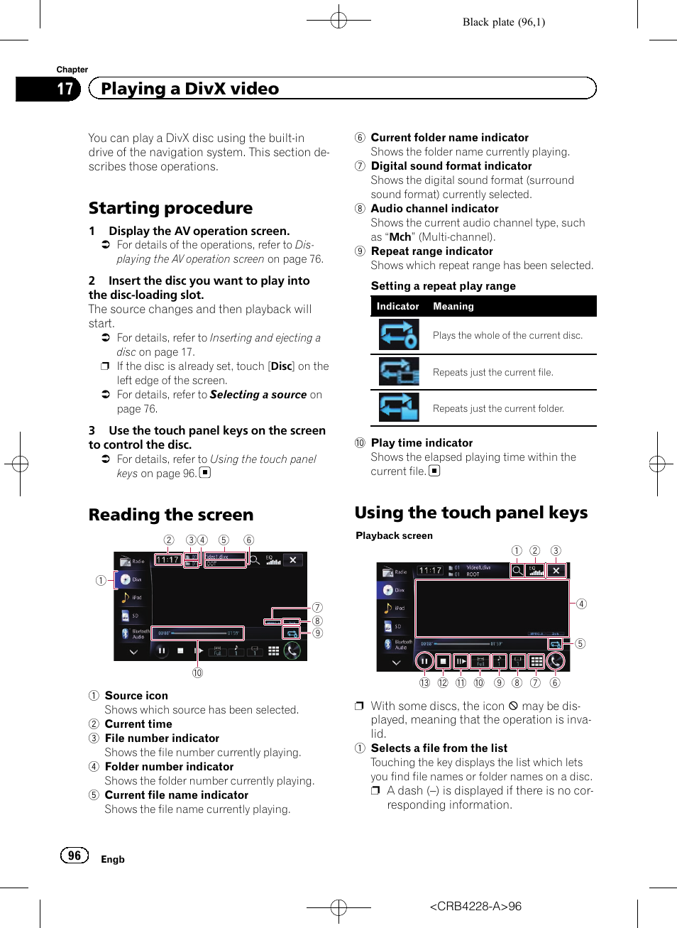 Playing a divx video starting procedure, Reading the screen, Using the touch panel keys | Starting procedure, 17 playing a divx video | Pioneer AVIC-F850BT User Manual | Page 96 / 208