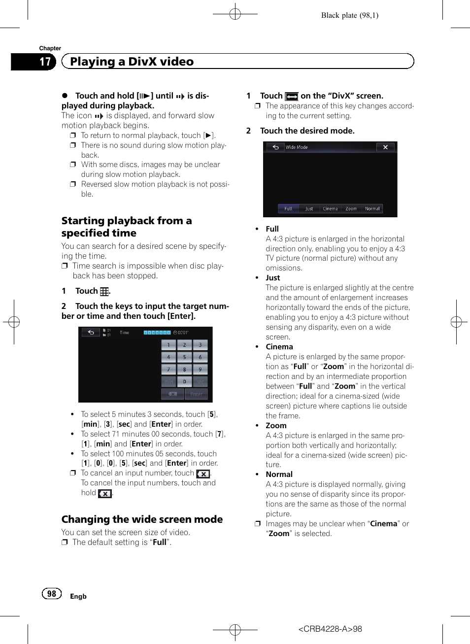 Starting playback from a specified, Time, Changing the wide screen mode 98 | Starting playback, Changing the wide, 17 playing a divx video, Starting playback from a specified time, Changing the wide screen mode | Pioneer AVIC-F850BT User Manual | Page 98 / 208