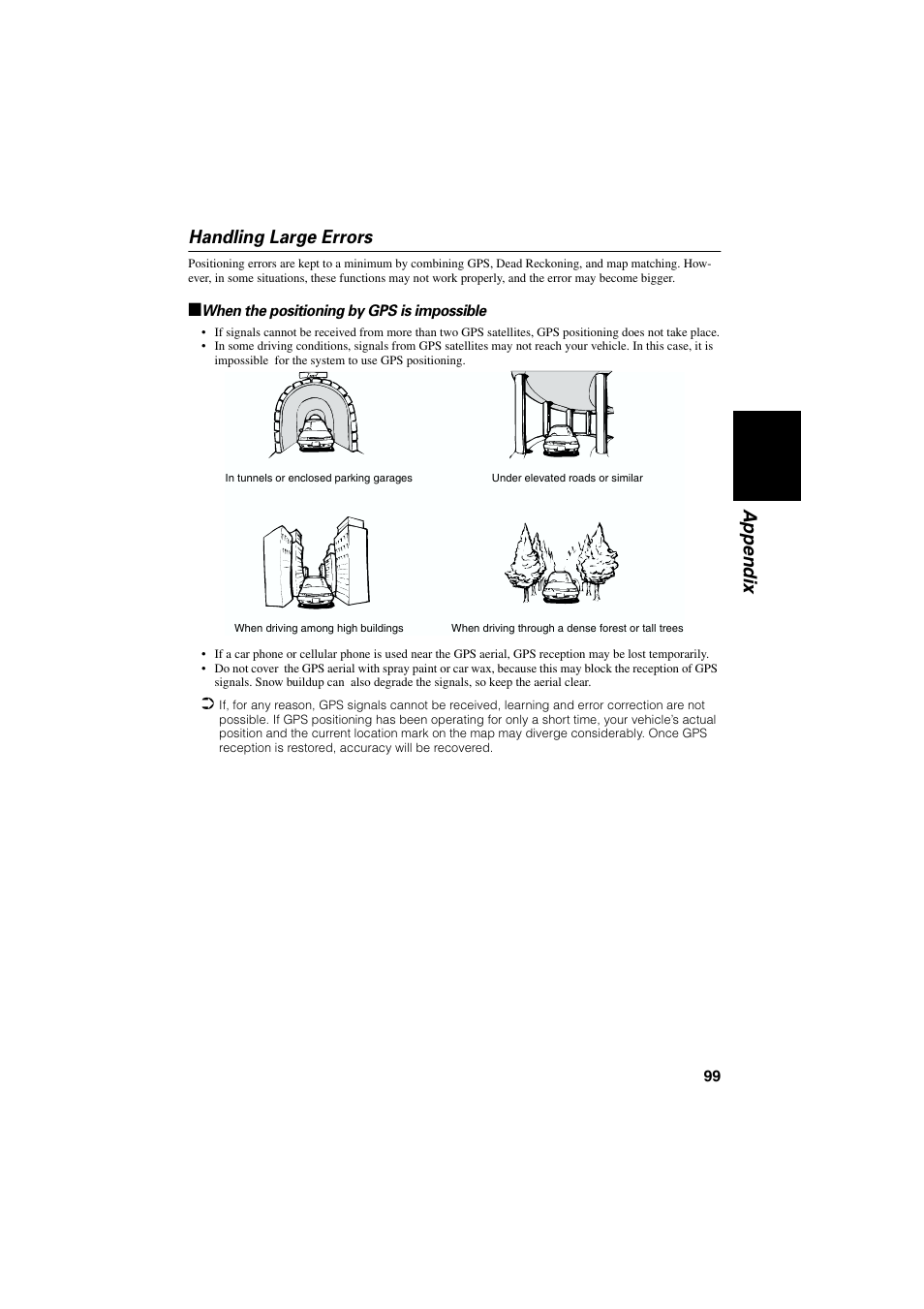 Handling large errors, When the positioning by gps is impossible, Appendix handling large errors | Pioneer AVIC-70D User Manual | Page 101 / 124