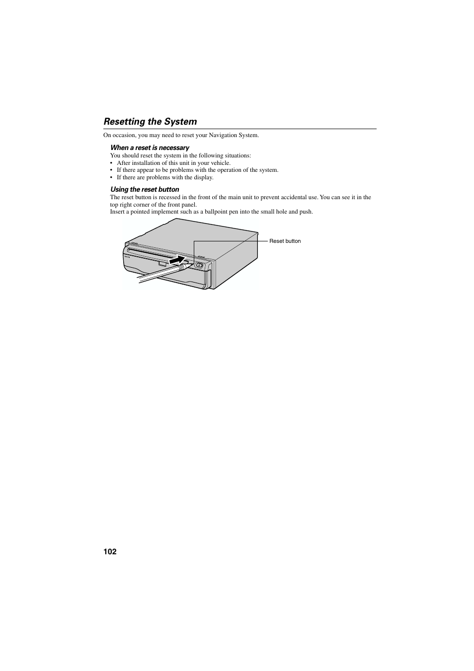 Resetting the system | Pioneer AVIC-70D User Manual | Page 104 / 124