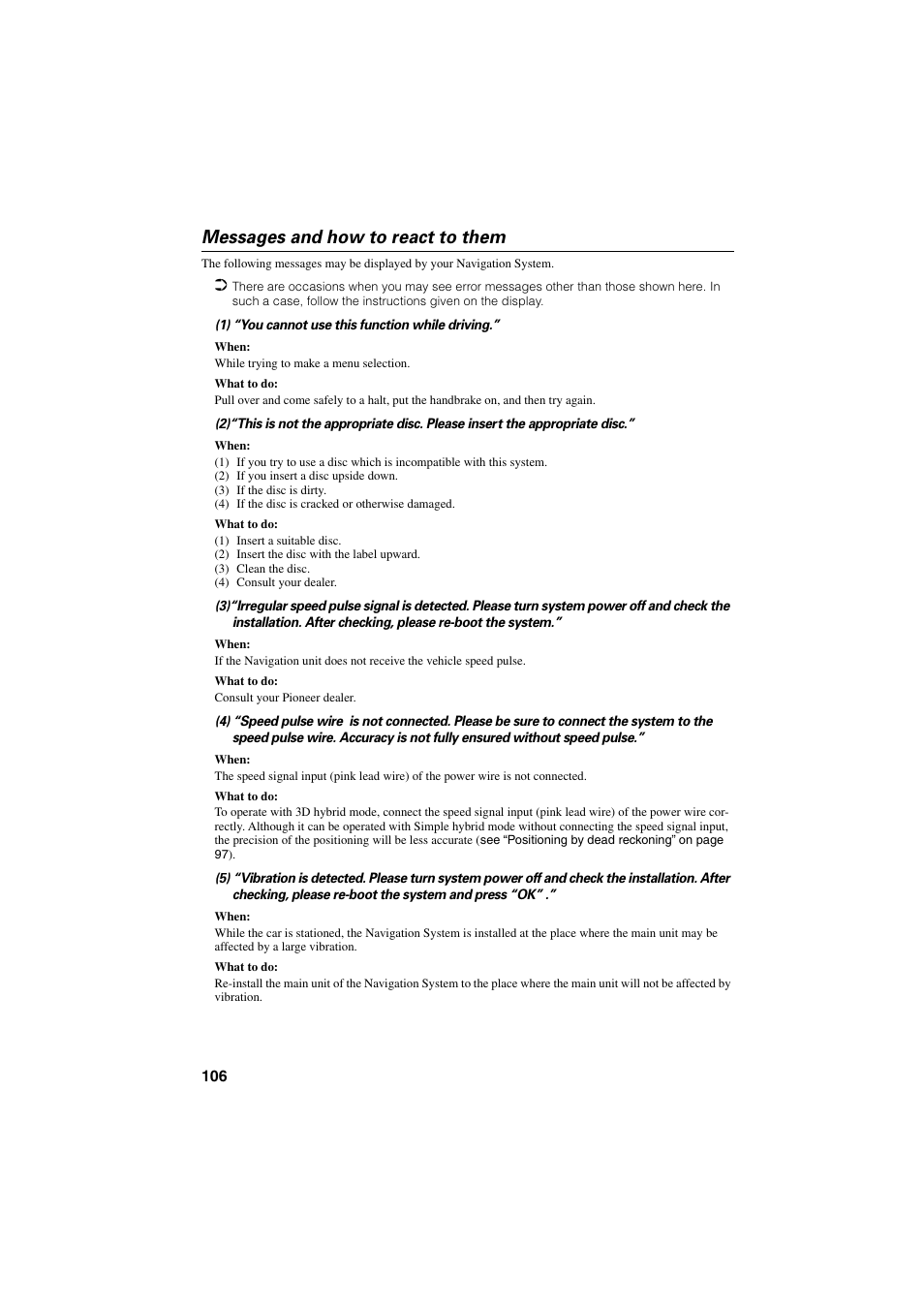 Messages and how to react to them | Pioneer AVIC-70D User Manual | Page 108 / 124