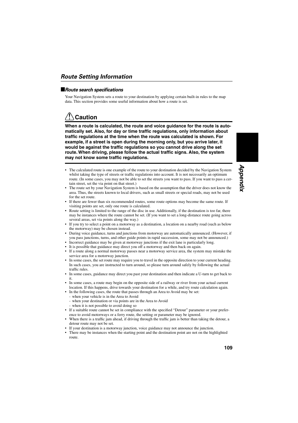 Route setting information, Route search specifications, Appendix route setting information | Caution | Pioneer AVIC-70D User Manual | Page 111 / 124