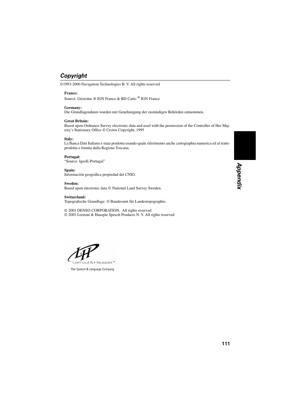 Copyright, Appendix copyright | Pioneer AVIC-70D User Manual | Page 113 / 124