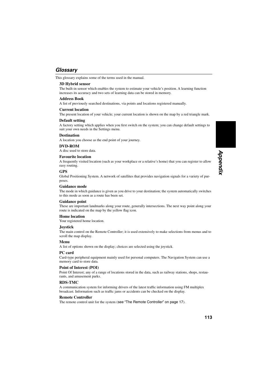 Glossary, Appendix glossary | Pioneer AVIC-70D User Manual | Page 115 / 124