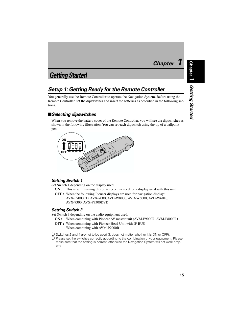 Chapter 1, Getting started, Setup1: getting ready for the remote controller | Selecting dipswitches, Chapter 1, Setup 1: getting ready for the remote controller, Chapter | Pioneer AVIC-70D User Manual | Page 17 / 124