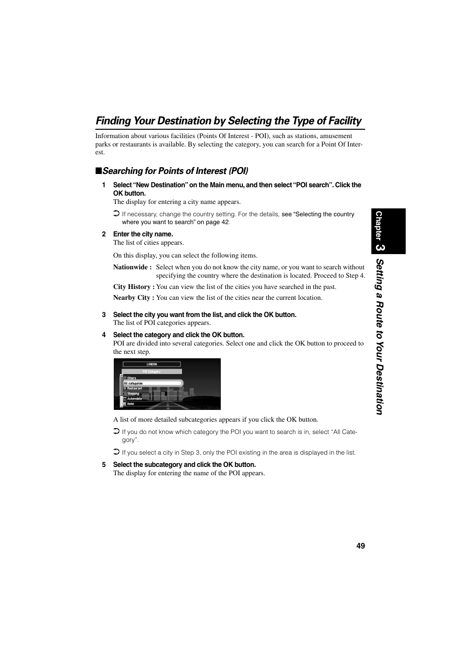 Searching for points of interest (poi), Setting a route to y our destination | Pioneer AVIC-70D User Manual | Page 51 / 124
