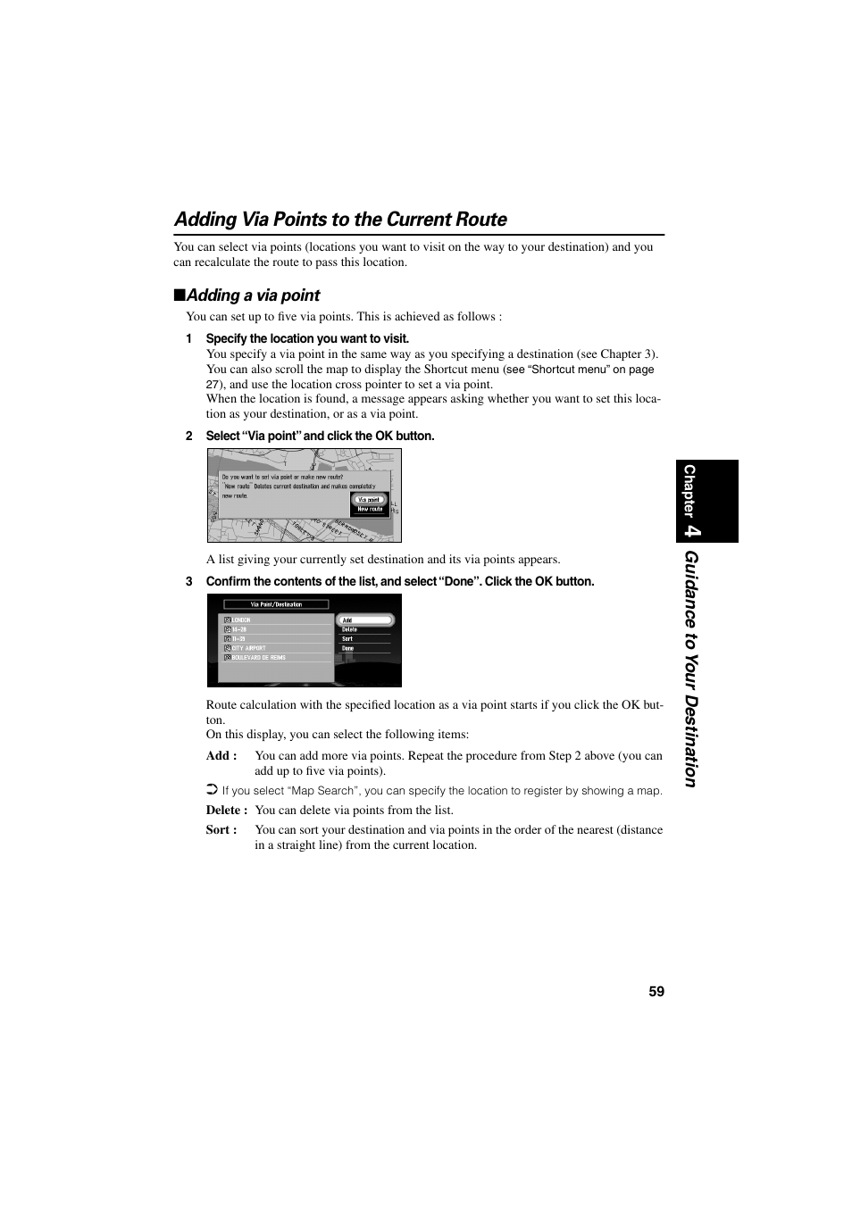 Adding via points to the current route, Adding a via point, Guidance to y our destination | Pioneer AVIC-70D User Manual | Page 61 / 124