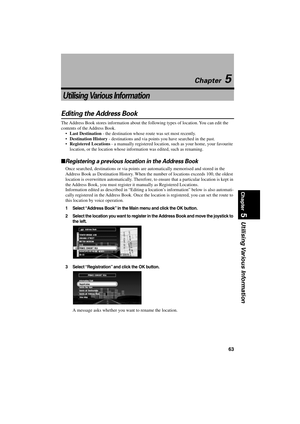Chapter 5, Utilising various information, Editing the address book | Chapter 5, Chapter | Pioneer AVIC-70D User Manual | Page 65 / 124