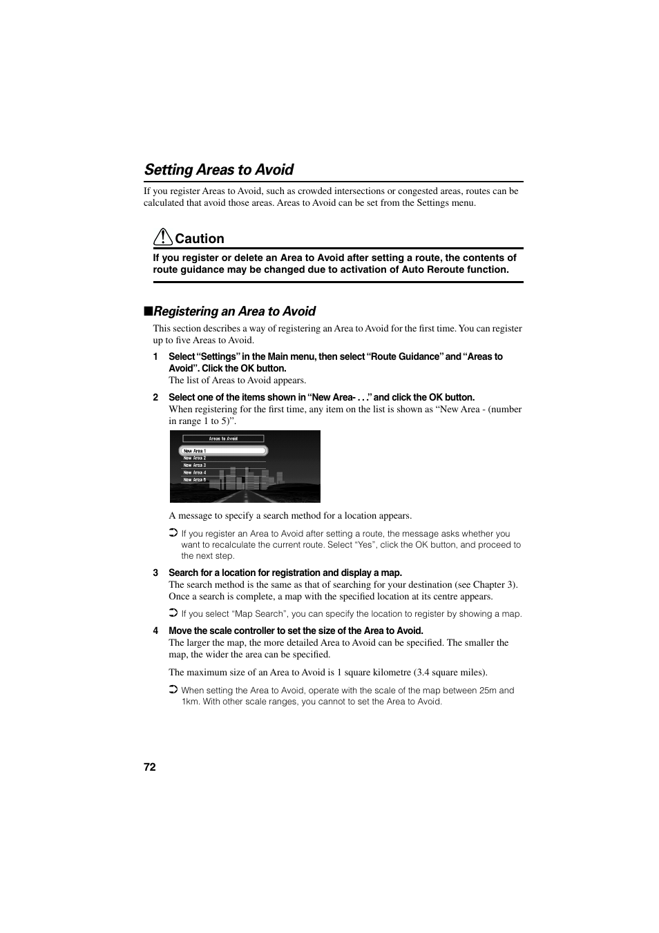 Setting areas to avoid, Registering an area to avoid, Caution | Pioneer AVIC-70D User Manual | Page 74 / 124