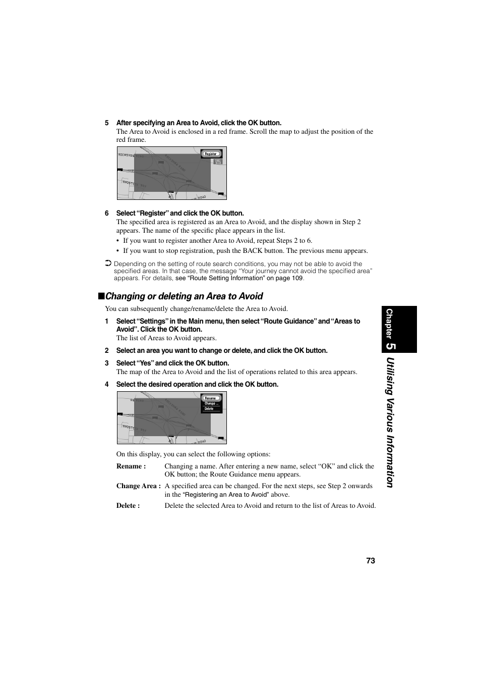 Changing or deleting an area to avoid, Utilising v arious inf ormation | Pioneer AVIC-70D User Manual | Page 75 / 124
