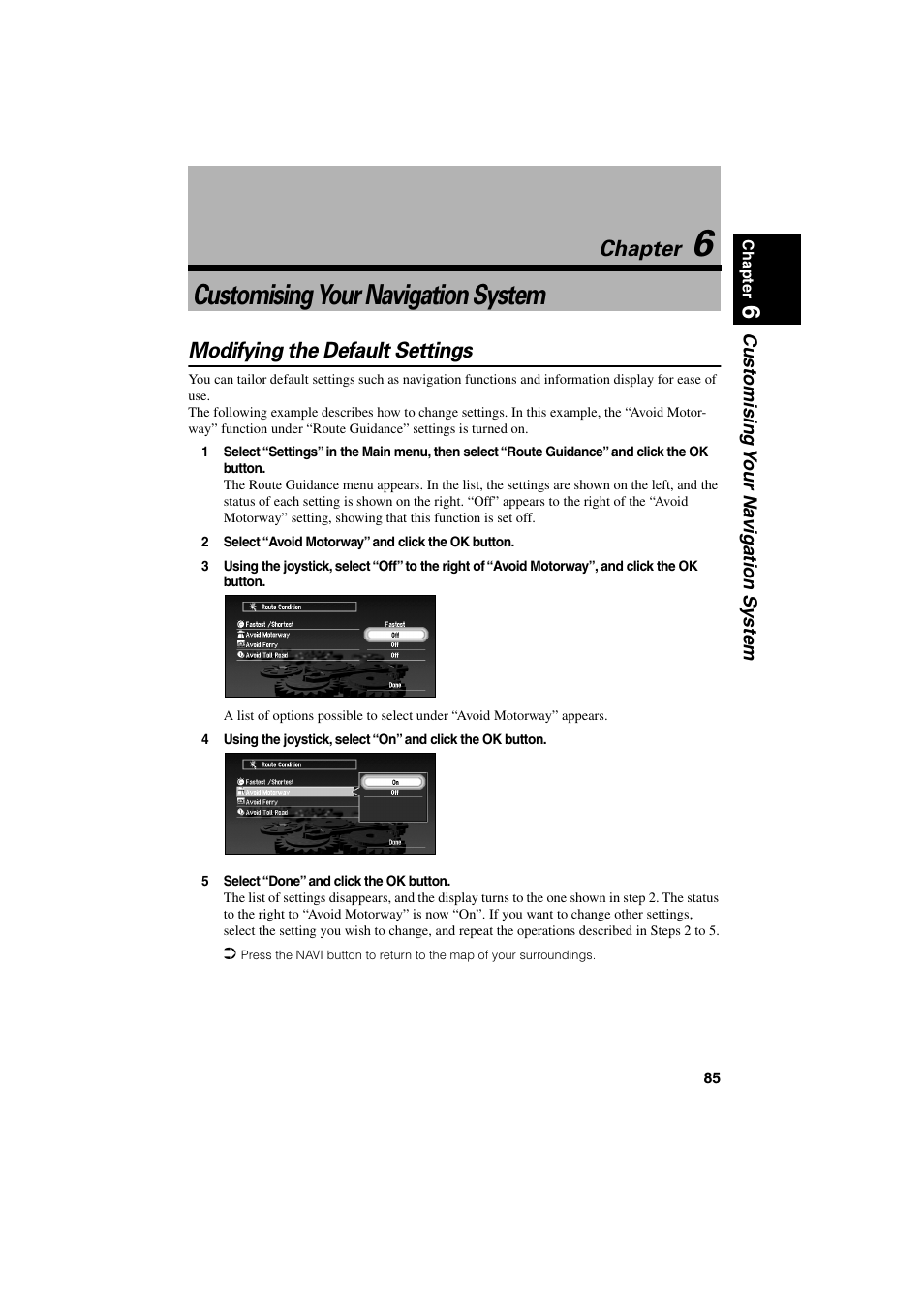 Chapter 6, Customising your navigation system, Modifying the default settings | Chapter 6, See “modifying the default settings, Chapter | Pioneer AVIC-70D User Manual | Page 87 / 124