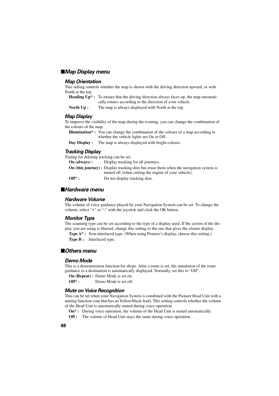 Map display menu, Hardware menu, Others menu | Map display menu hardware menu others menu | Pioneer AVIC-70D User Manual | Page 90 / 124