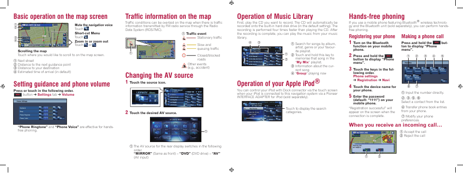 Operation of music library, Operation of your apple ipod, Traffic information on the map | Changing the av source, Basic operation on the map screen, Setting guidance and phone volume, Hands-free phoning, Registering your phone 1, Making a phone call, When you receive an incoming call | Pioneer AVIC-HD3-II User Manual | Page 2 / 2