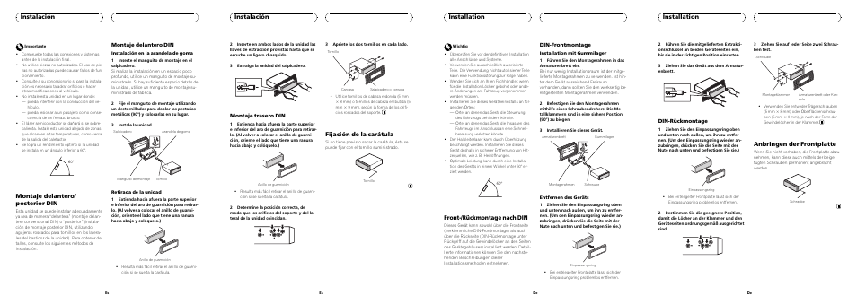 Montaje delantero/ posterior din, Instalación, Fijación de la carátula | Front-/rückmontage nach din, Installation, Anbringen der frontplatte | Pioneer DEH-112E User Manual | Page 2 / 8