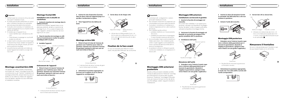 Montage avant/arrière din, Installation, Fixation de la face avant | Montaggio din anteriore/ posteriore, Installazione, Rimuovere il frontalino | Pioneer DEH-112E User Manual | Page 3 / 8