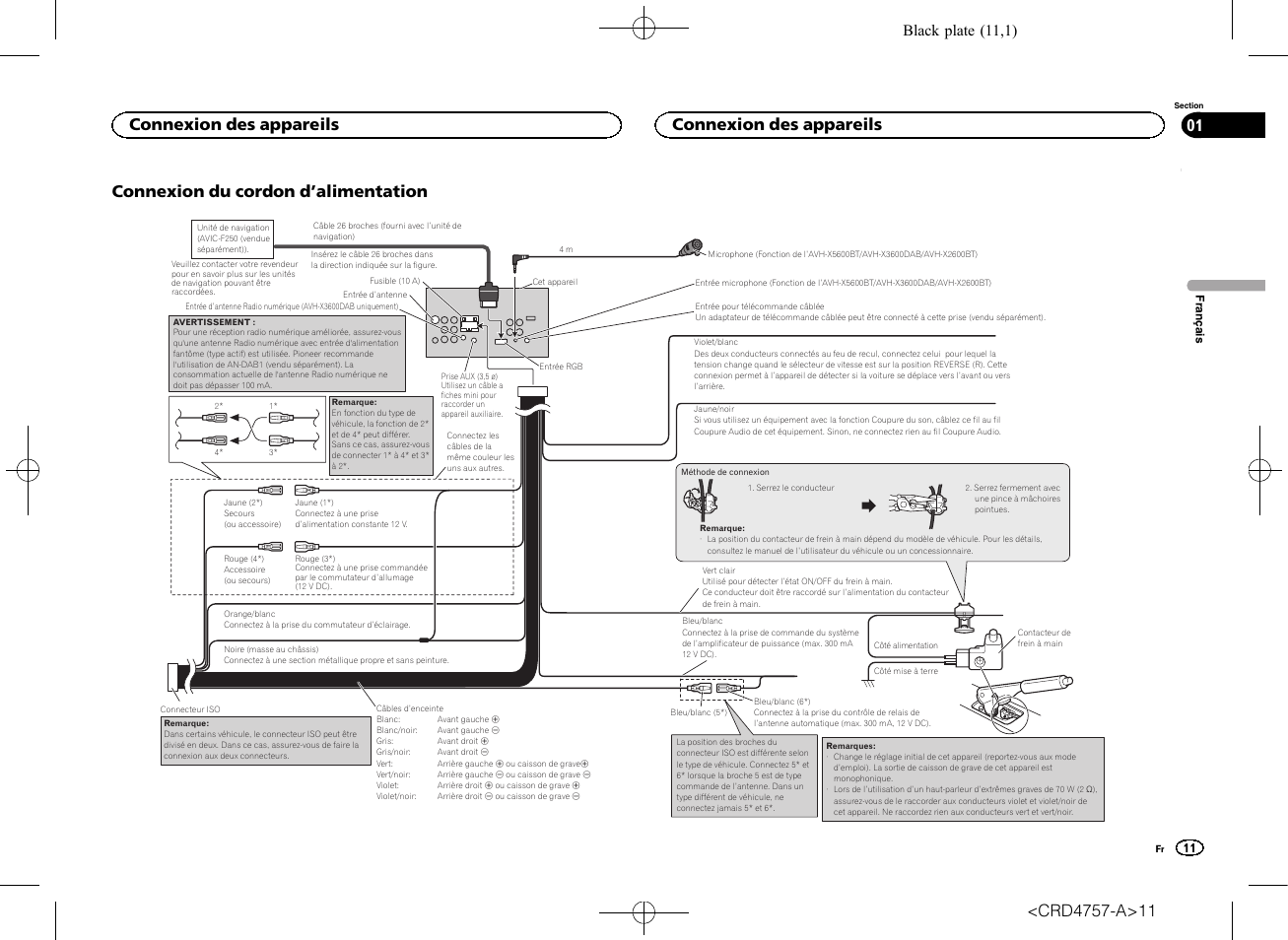 Connexion du cordon d ’alimentation, Connexion des appareils, Black plate (11,1) | Pioneer AVH-X3600DAB User Manual | Page 11 / 52