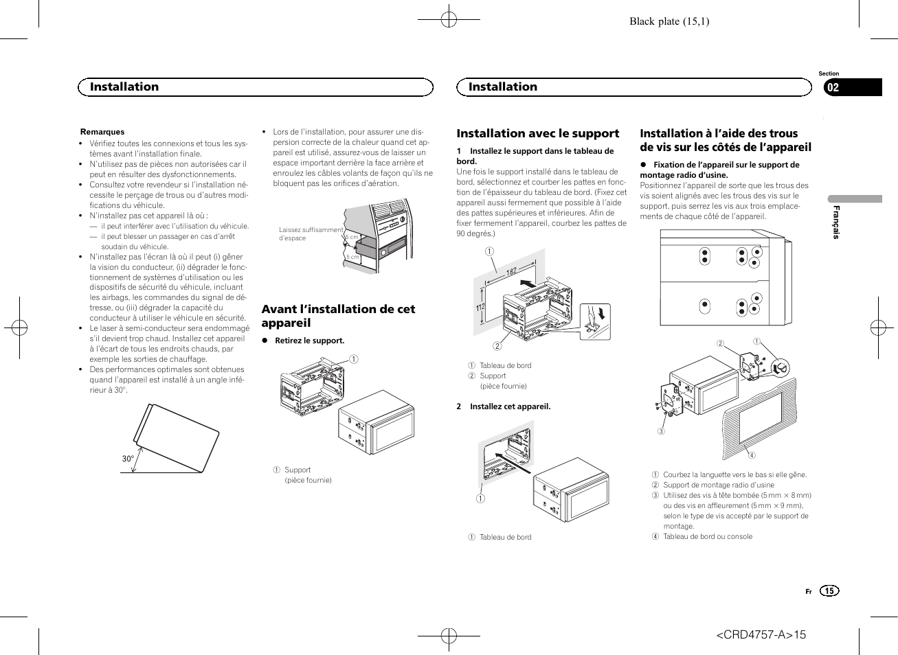 Avant l ’installation de cet appareil, Installation avec le support, Installation | Pioneer AVH-X3600DAB User Manual | Page 15 / 52