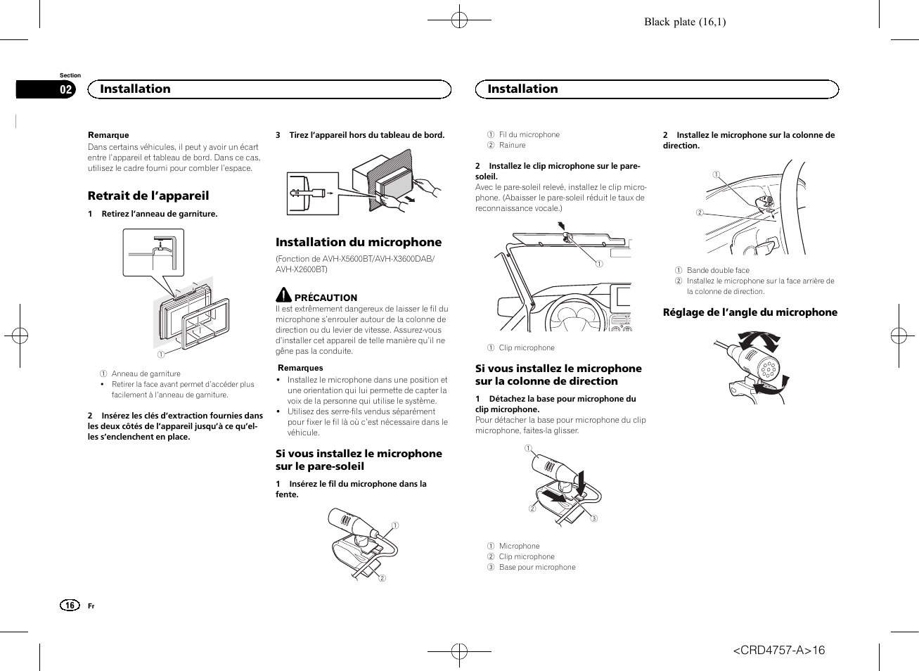 Retrait de l ’appareil, Installation du microphone, Installation | Pioneer AVH-X3600DAB User Manual | Page 16 / 52