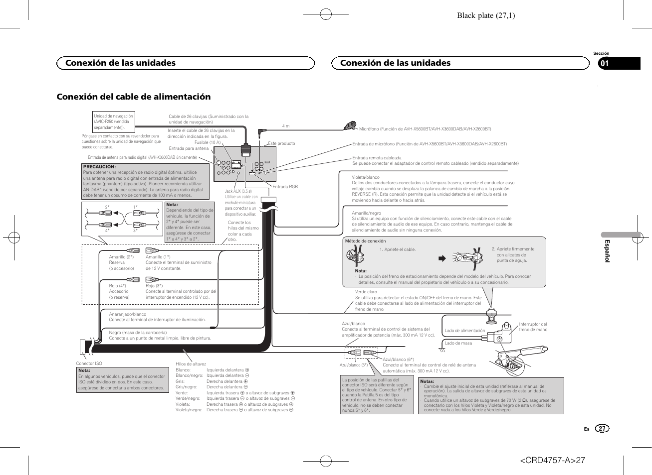 Conexión del cable de alimentación, Conexión de las unidades, Black plate (27,1) | Pioneer AVH-X3600DAB User Manual | Page 27 / 52