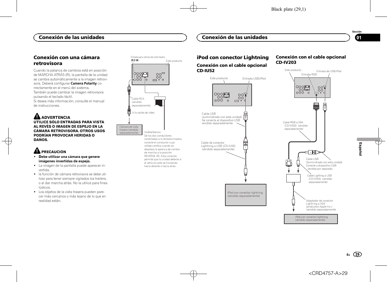 Conexión con una cámara retrovisora, Ipod con conector lightning, Conexión de las unidades | Pioneer AVH-X3600DAB User Manual | Page 29 / 52