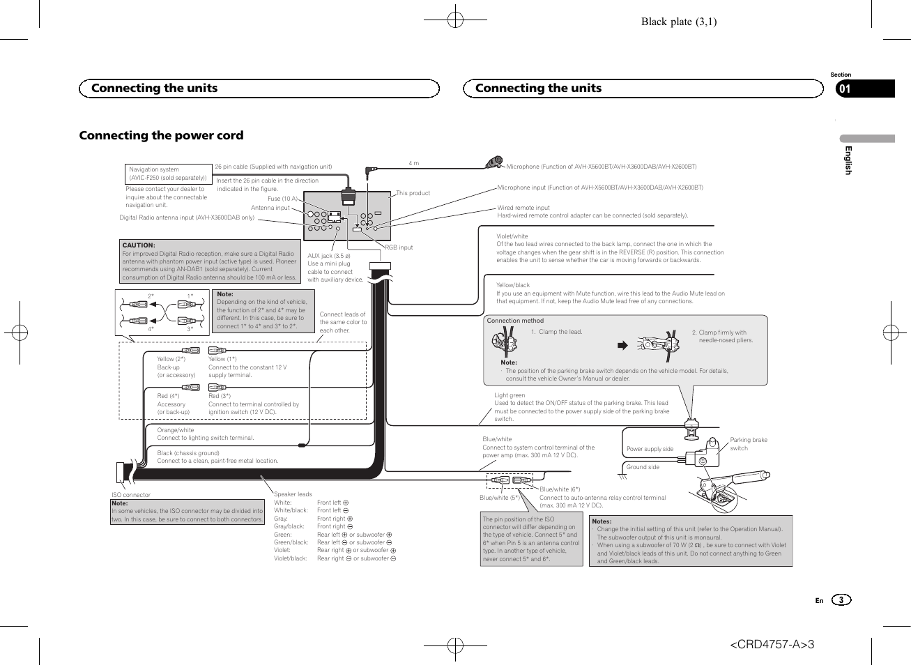 Connecting the power cord, Connecting the units, Black plate (3,1) | Pioneer AVH-X3600DAB User Manual | Page 3 / 52