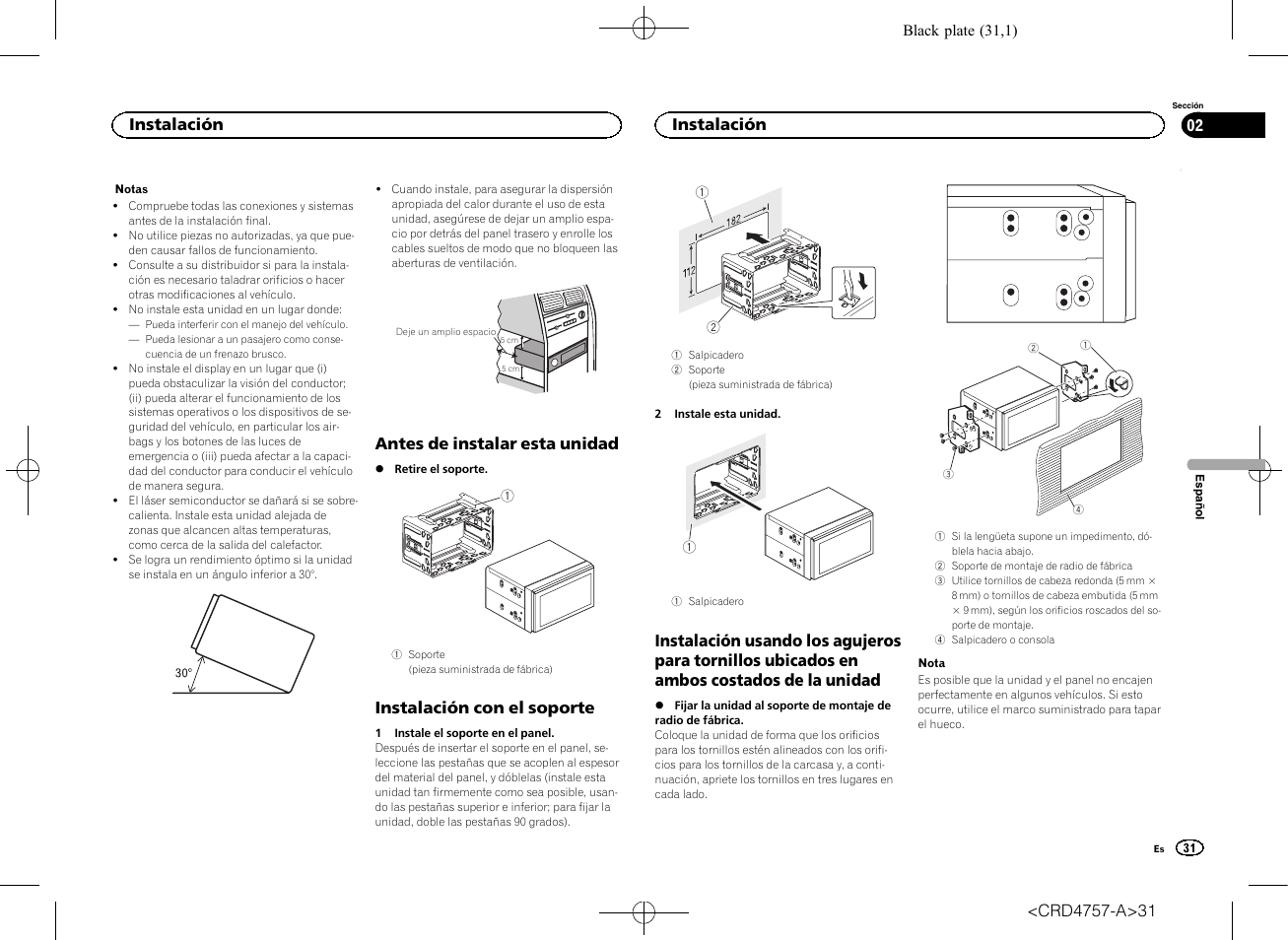 Antes de instalar esta unidad, Instalación con el soporte, Instalación | Pioneer AVH-X3600DAB User Manual | Page 31 / 52