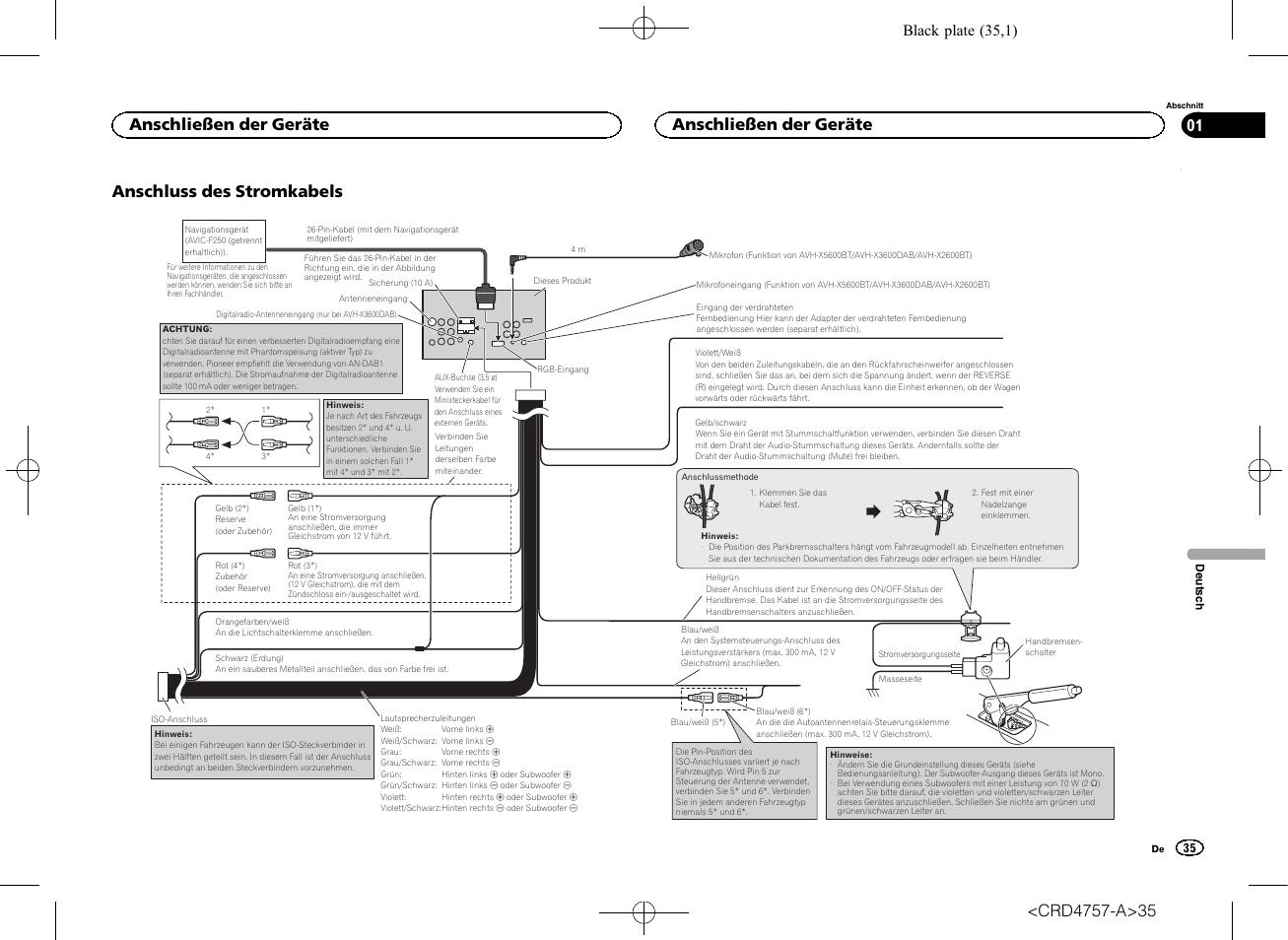 Anschluss des stromkabels, Anschließen der geräte, Black plate (35,1) | Pioneer AVH-X3600DAB User Manual | Page 35 / 52