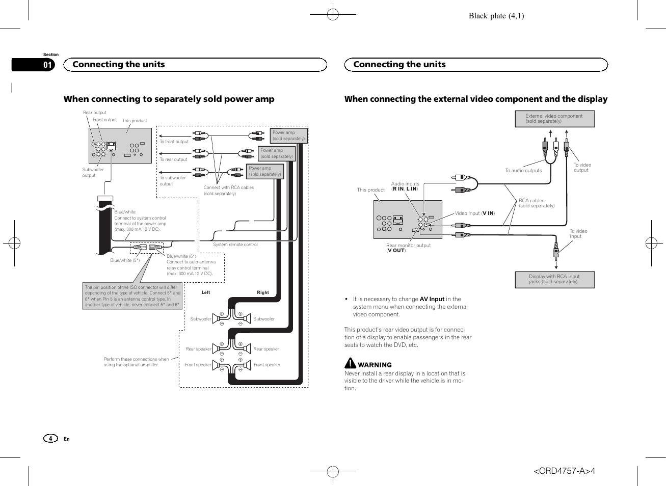 When connecting to separately sold power amp, Connecting the units, Black plate (4,1) | Pioneer AVH-X3600DAB User Manual | Page 4 / 52