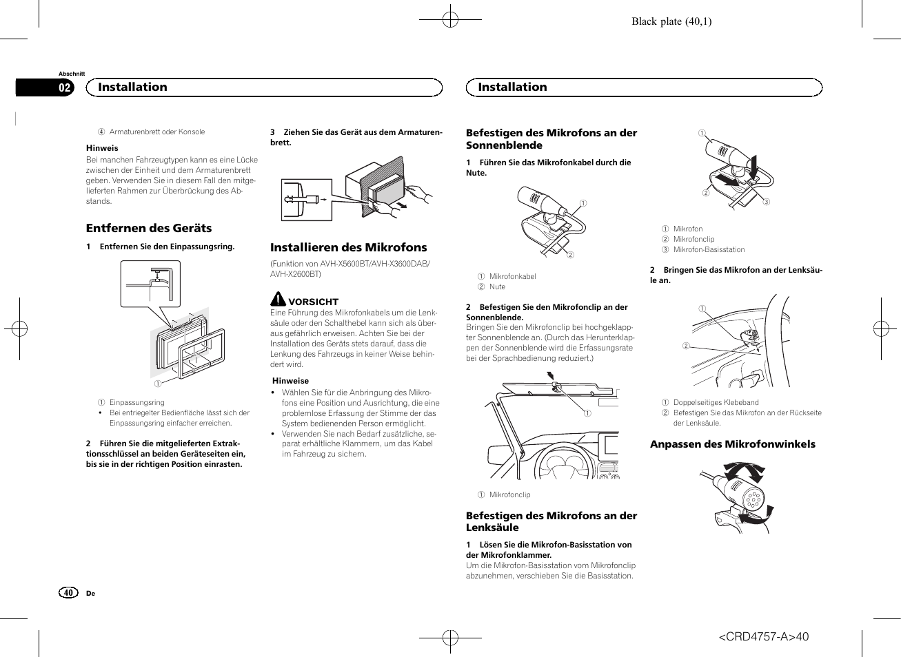 Entfernen des geräts, Installieren des mikrofons, Installation | Pioneer AVH-X3600DAB User Manual | Page 40 / 52