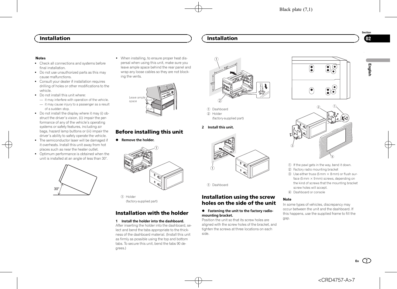 Before installing this unit, Installation with the holder, Installation | Pioneer AVH-X3600DAB User Manual | Page 7 / 52