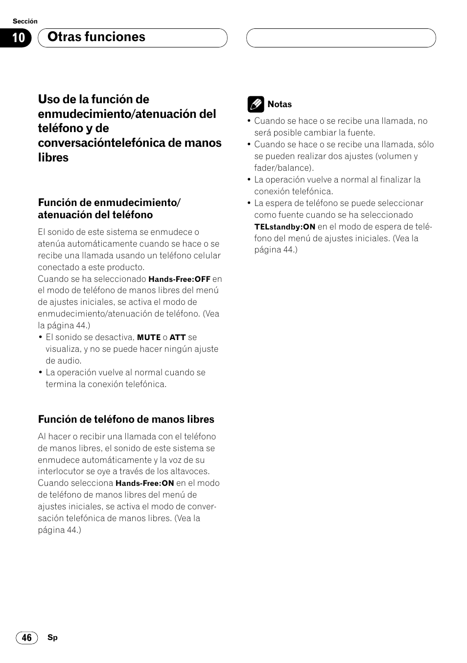 Uso de la función de enmudecimiento, Atenuación del teléfono 46, Función de teléfono de manos | Libres 46, Otras funciones | Pioneer DEH-P7400MP User Manual | Page 100 / 112