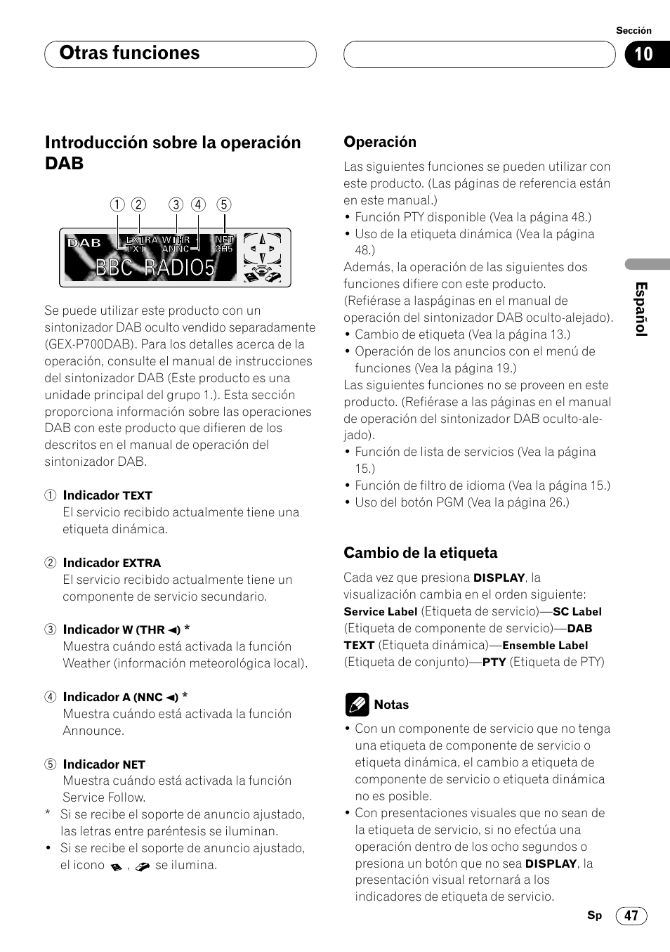 Introducción sobre la operación dab 47, Operación 47 • cambio de la etiqueta 47, Otras funciones | Introducción sobre la operación dab | Pioneer DEH-P7400MP User Manual | Page 101 / 112