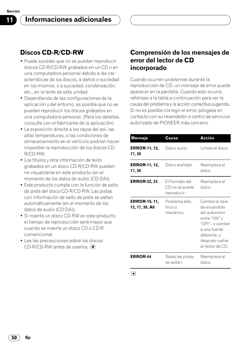 Lector de cd incorporado 50, Informaciones adicionales, Discos cd-r/cd-rw | Pioneer DEH-P7400MP User Manual | Page 104 / 112