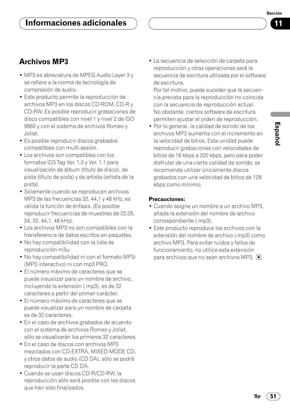 Archivos mp3 51, Informaciones adicionales, Archivos mp3 | Pioneer DEH-P7400MP User Manual | Page 105 / 112