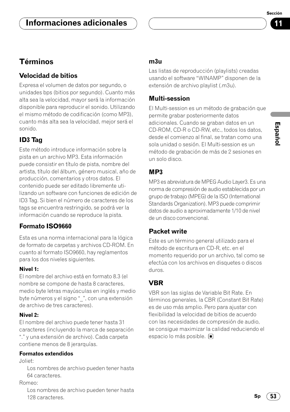 Términos 53, Informaciones adicionales, Términos | Pioneer DEH-P7400MP User Manual | Page 107 / 112