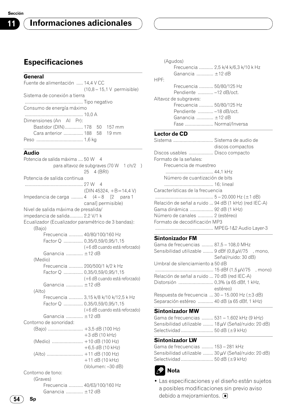 Especificaciones 54, Informaciones adicionales, Especificaciones | Pioneer DEH-P7400MP User Manual | Page 108 / 112