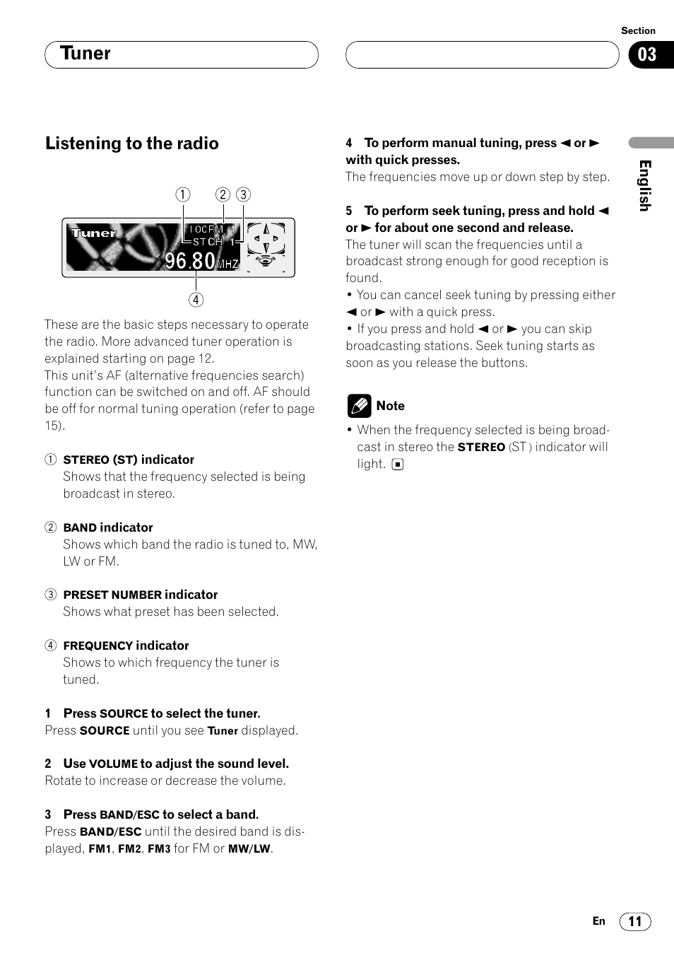 Tuner listening to the radio 11, Tuner, Listening to the radio | Pioneer DEH-P7400MP User Manual | Page 11 / 112