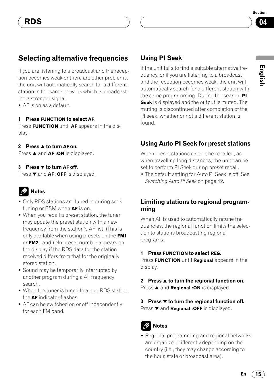 Selecting alternative frequencies 15, Using pi seek 15 • using auto pi seek for preset, Stations 15 | Limiting stations to regional, Programming 15, Selecting alternative frequencies | Pioneer DEH-P7400MP User Manual | Page 15 / 112