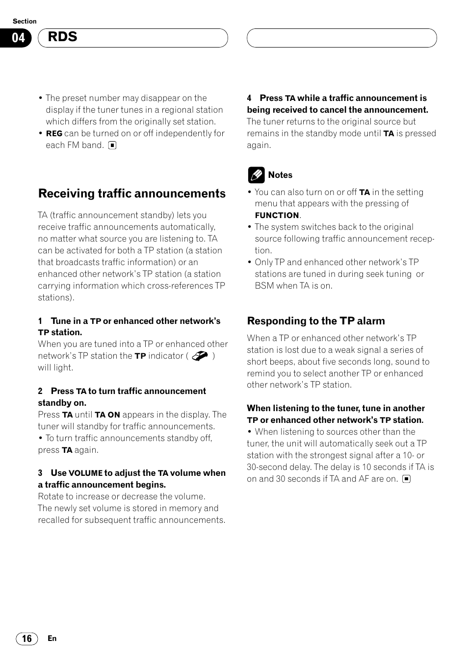Receiving traffic announcements 16, Responding to the tp alarm 16, Receiving traffic announcements | Pioneer DEH-P7400MP User Manual | Page 16 / 112