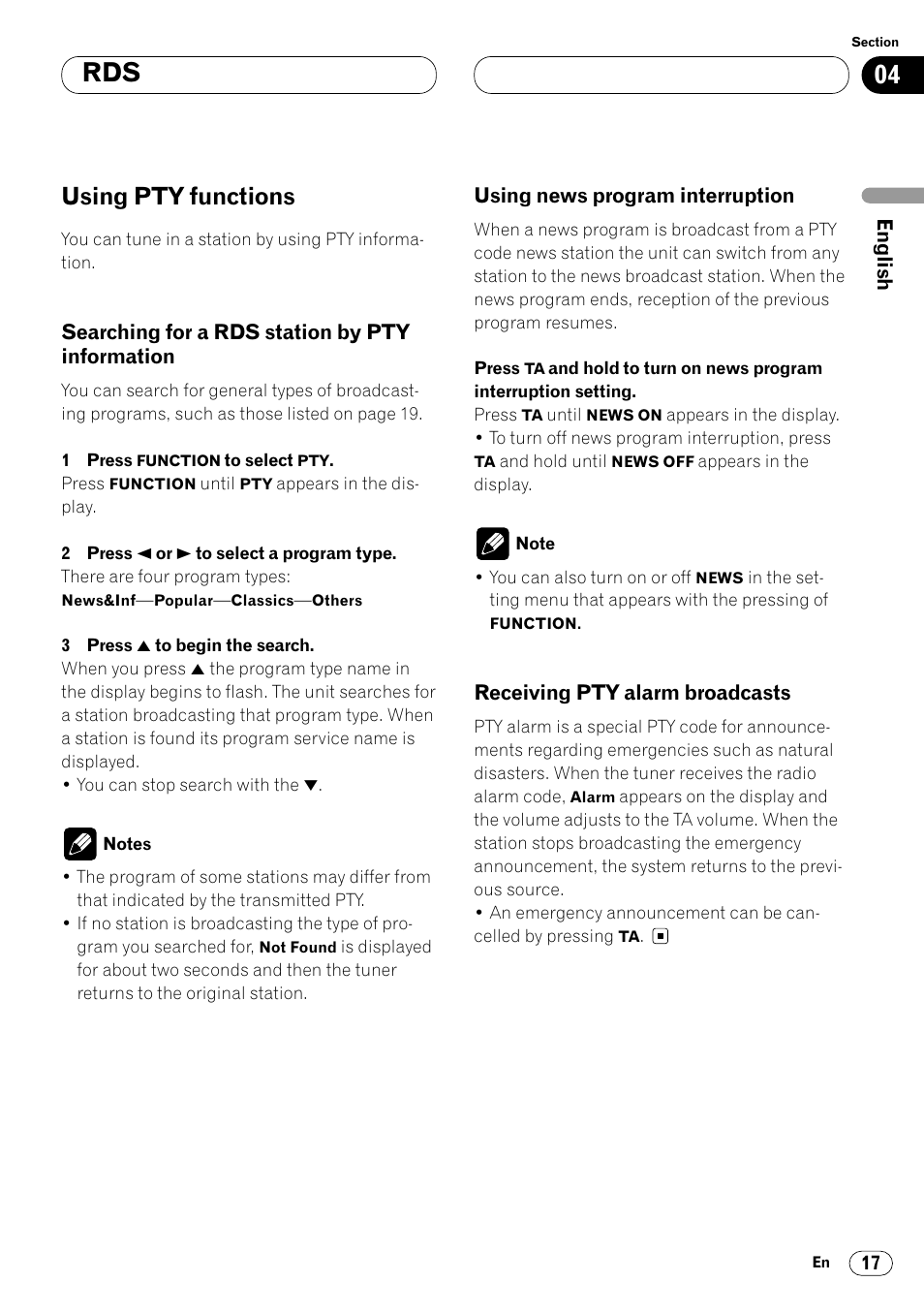 Using pty functions 17, Searching for a rds station by pty, Information 17 | Using pty functions | Pioneer DEH-P7400MP User Manual | Page 17 / 112