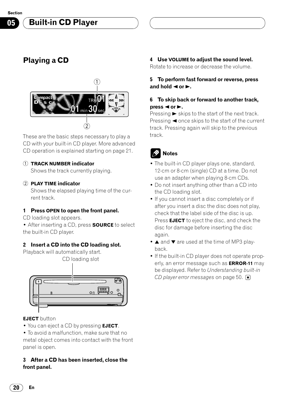 Built-in cd player playing a cd 20, Built-in cd player, Playing a cd | Pioneer DEH-P7400MP User Manual | Page 20 / 112