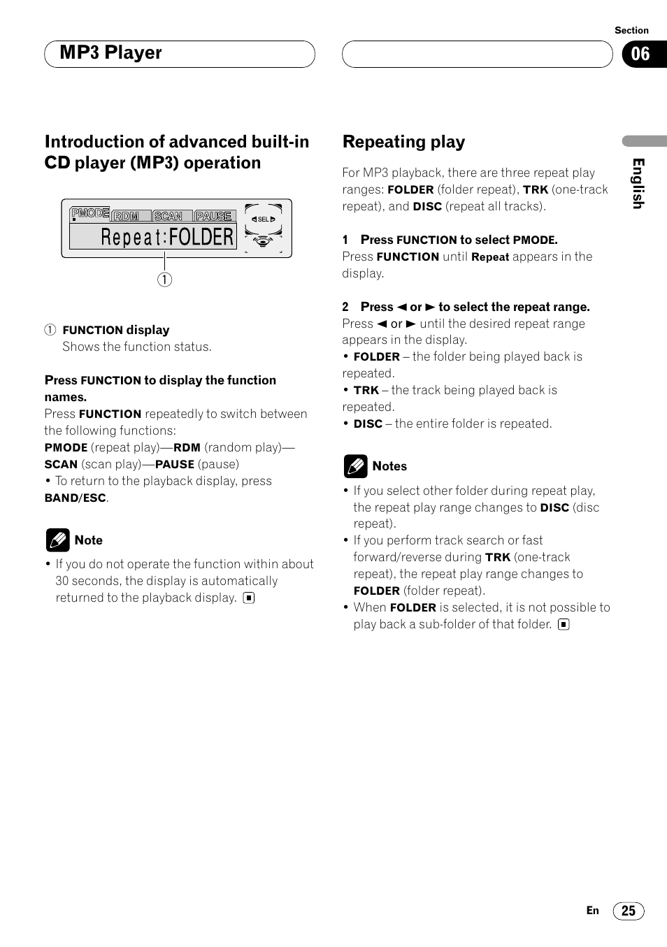 Introduction of advanced built-cd player, Mp3) operation 25, Repeating play 25 | Mp3 player, Repeating play | Pioneer DEH-P7400MP User Manual | Page 25 / 112