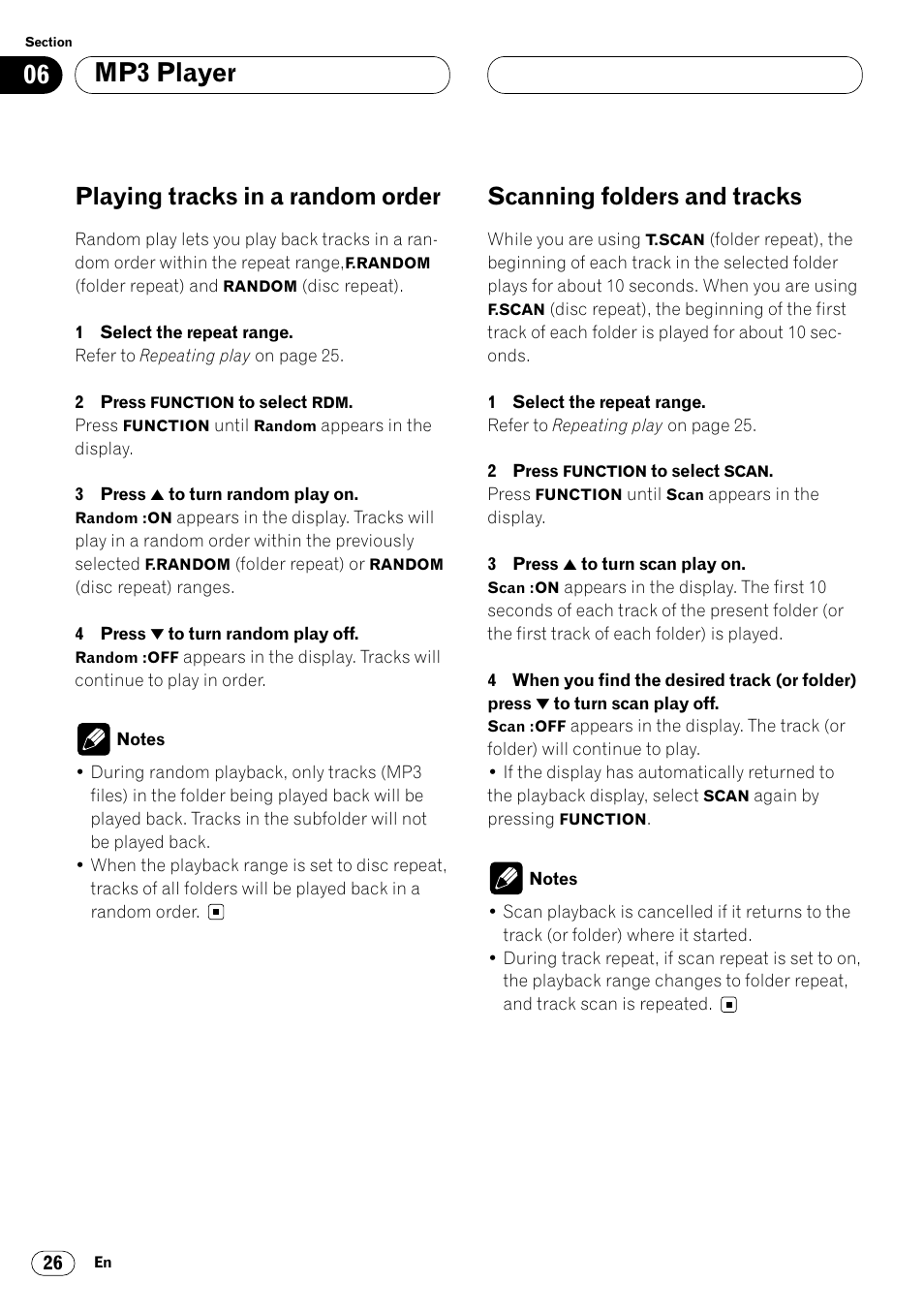 Mp3 player, Playing tracks in a random order, Scanning folders and tracks | Pioneer DEH-P7400MP User Manual | Page 26 / 112